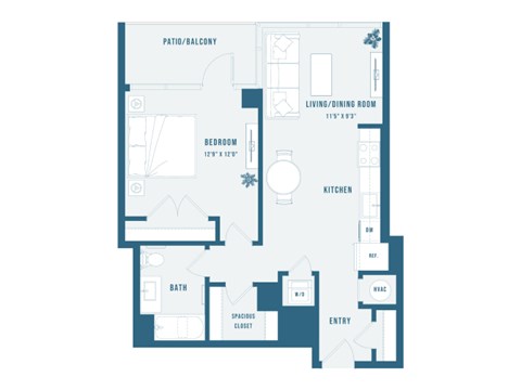 A floor plan of a home with a living room, dining room, bedroom, bathroom, kitchen, entry, and a patio/balcony.